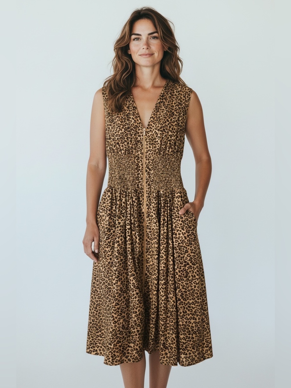 Anthropologie Leopard Print V-Neck Midi Dress - Brown